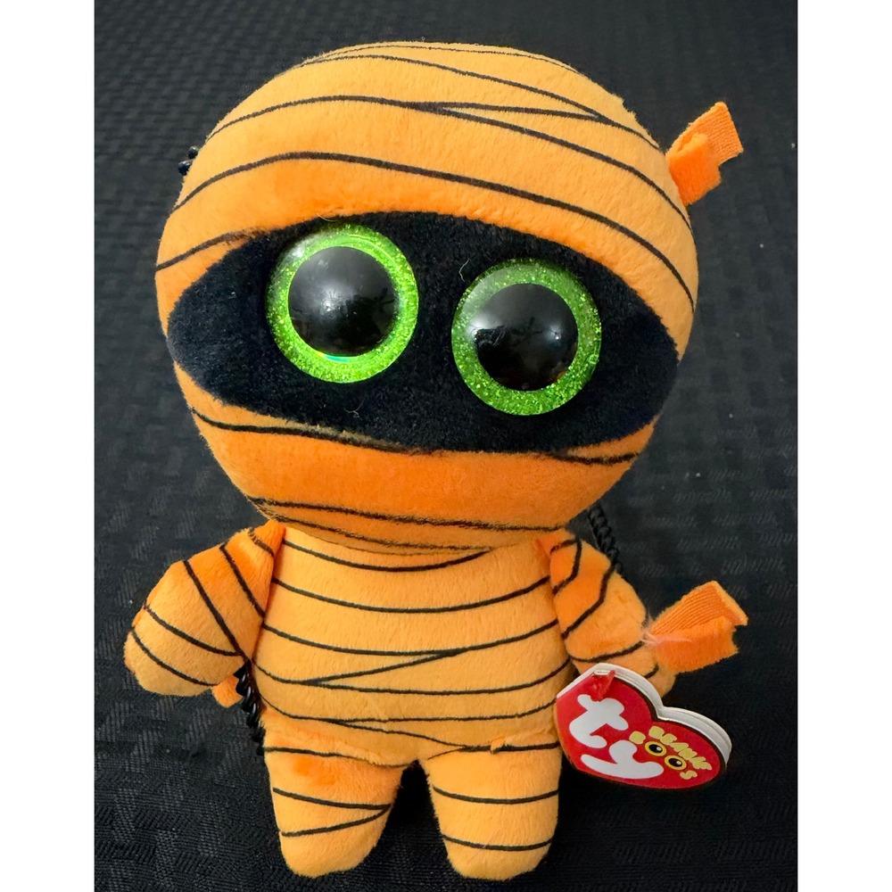 Ty Beanie Boos Mask Mummy Halloween Orange Green Glitter Eyes NWT Retired Plush